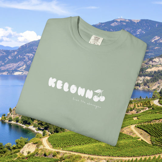 Kelowna Cherries Live the Okanagan Unisex Garment-Dyed T-shirt, Summer Fruit Tee, BC Cherry Shirt, Farm Fresh Fruit Top, Canadian